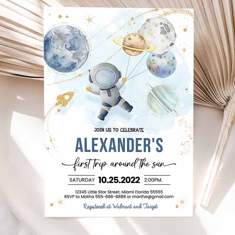 First Trip Arounde Sun Outer Space First Kids Birthday Invitation, Galaxy Blast Off Printable Invitation