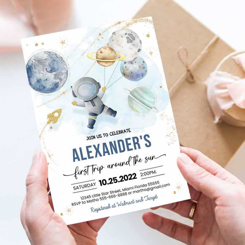 First Trip Arounde Sun Outer Space First Kids Birthday Invitation, Galaxy Blast Off Printable Invitation