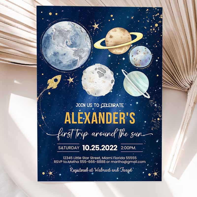 First Trip Arounde Sun Outer Space First Kids Birthday Invitation, Galaxy Blast Offs