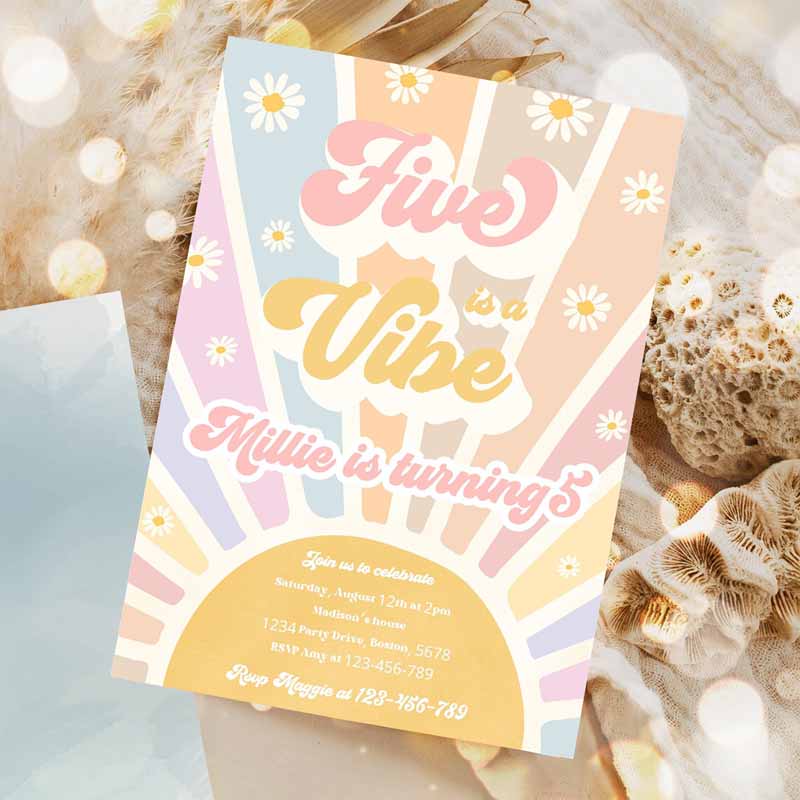 Five Is A Vibe Kids Birthday Invitation, Retro Daisy Sunshine Kids Birthday, Daisy Hippie Rainbow Sunshine Kids Birthday Invitation