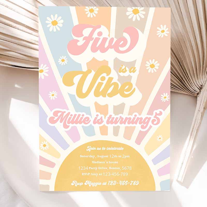 Five Is A Vibe Kids Birthday Invitation, Retro Daisy Sunshine Kids Birthday, Daisy Hippie Rainbow Sunshine Kids Birthday