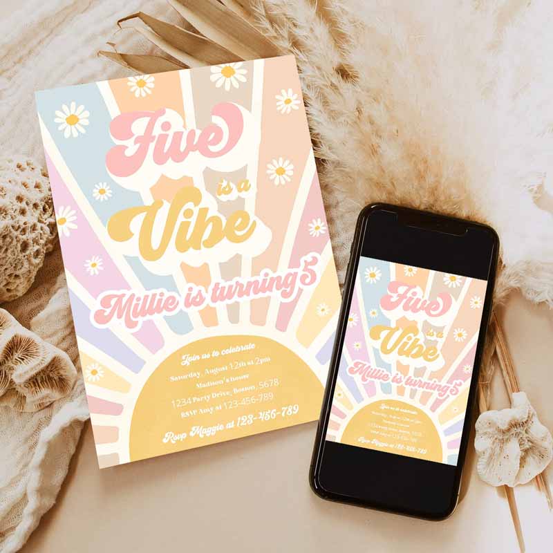 Five Is A Vibe Kids Birthday Invitation, Retro Daisy Sunshine Kids Birthday, Daisy Hippie Rainbow Sunshine Kids Birthday