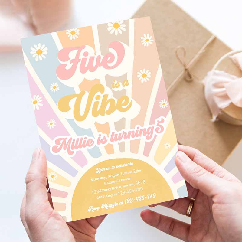 Five Is A Vibe Kids Birthday Invitation, Retro Daisy Sunshine Kids Birthday, Daisy Hippie Rainbow Sunshine Kids Birthday