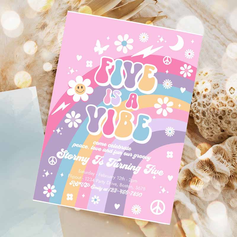 Five Is A Vibe Groovy Kids Birthday, Pink Purple Blue Groovy Rainbow Hippie Kids Birthday Invitation