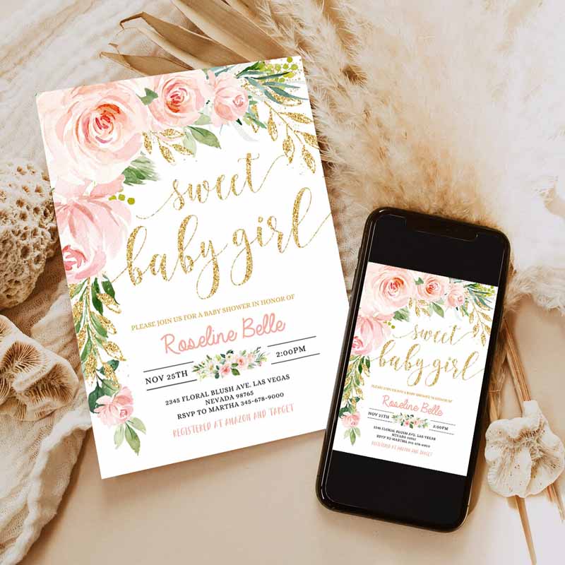 Floral Invitation, Blush Pink Floral Baby Shower Invitation, Printable Baby Shower Invite Sweet Baby Girl