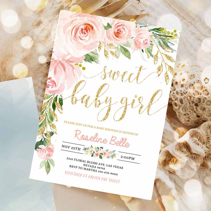 Floral Invitation, Blush Pink Floral Baby Shower Invitation, Printable Baby Shower Invite Sweet Baby Girl