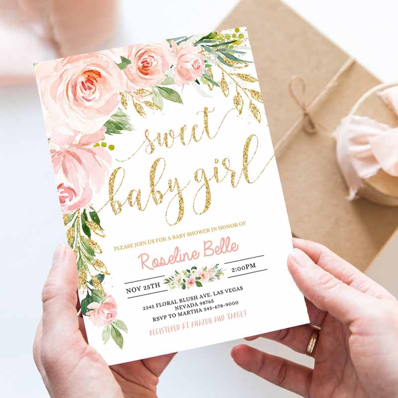 Floral Invitation, Blush Pink Floral Baby Shower Invitation, Printable Baby Shower Invite Sweet Baby Girl