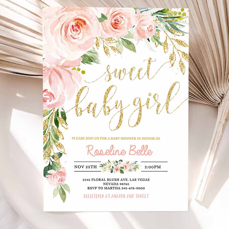 Floral Invitation, Blush Pink Floral Baby Shower Invitation, Printable Baby Shower Invite Sweet Baby Girl