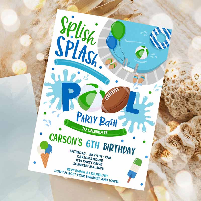 Football Pool Party Invitation, Sports Summer Pool Party, Sports Pool BBQ Kids Birthday Party, Pool Party, Kids Birthday Invitation