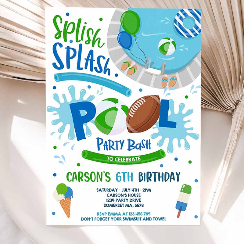 Football Pool Party Invitation, Sports Summer Pool Party, Sports Pool BBQ Kids Birthday Party, Pool Party