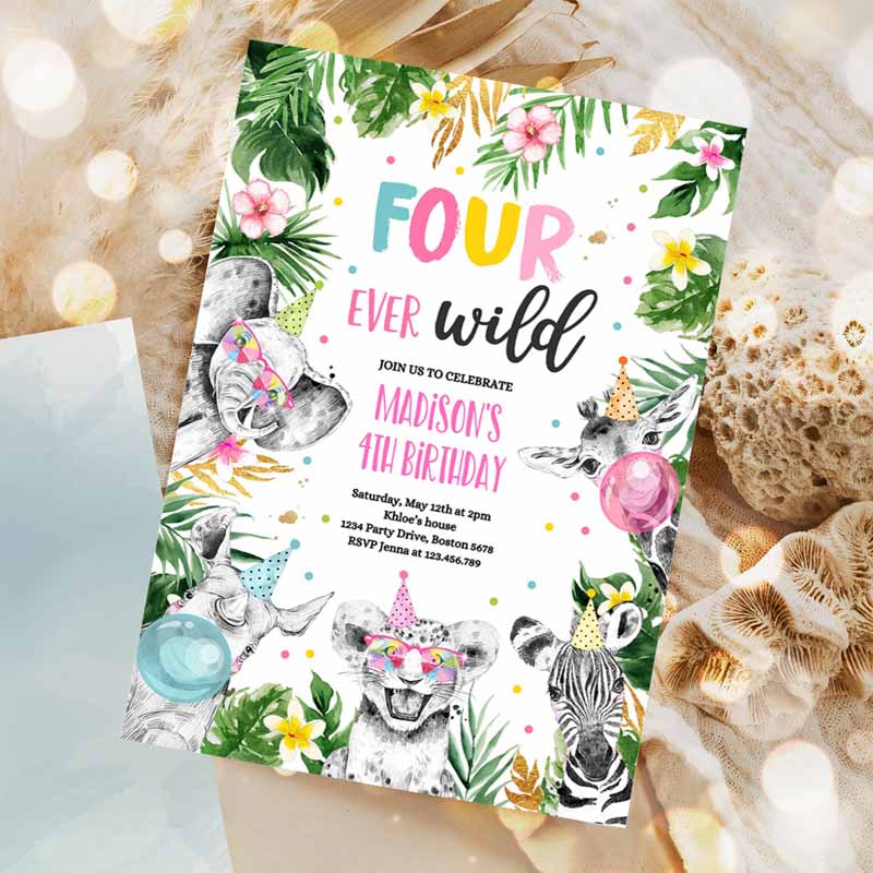 Four Ever Wild Kids Birthday Invitation, Safari Animals FourEver Wild Kids Birthday Party, Gold Monochrome Jungle Party