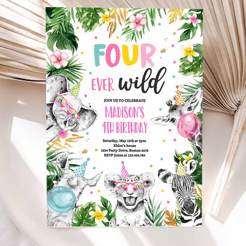 Four Ever Wild Kids Birthday Invitation, Safari Animals FourEver Wild Kids Birthday Party, Gold Monochrome Jungle Party