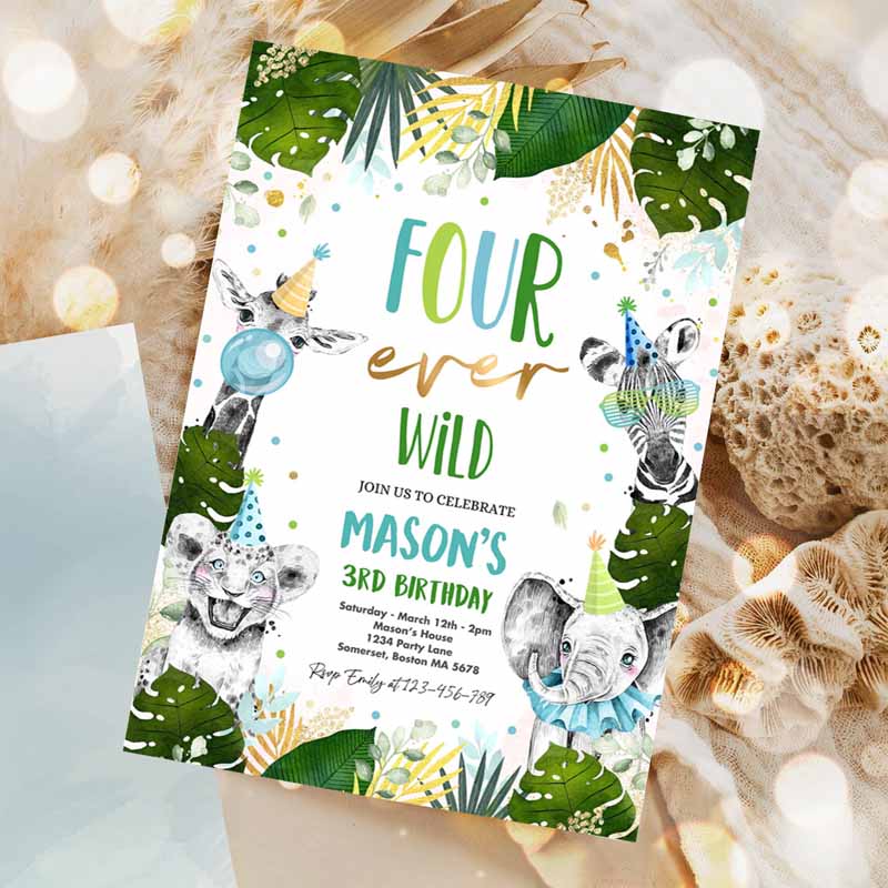 Four Ever Wild Kids Birthday Invitation, Safari Animals FourEver Wild Kids Birthday Party, Gold Monochrome Jungle Party Invitation