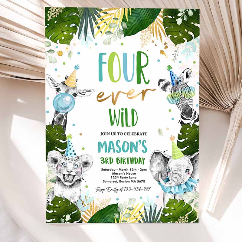 Four Ever Wild Kids Birthday Invitation, Safari Animals FourEver Wild Kids Birthday Party, Gold Monochrome Jungle Party Invitation