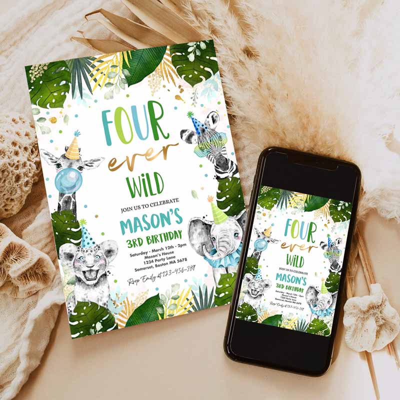 Four Ever Wild Kids Birthday Invitation, Safari Animals FourEver Wild Kids Birthday Party, Gold Monochrome Jungle Party Invitation