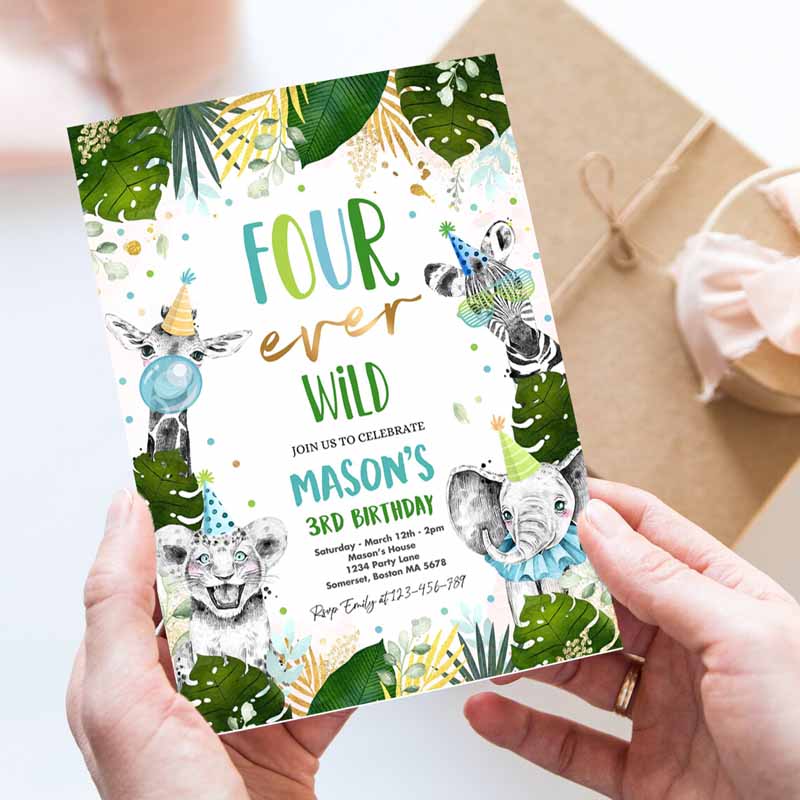 Four Ever Wild Kids Birthday Invitation, Safari Animals FourEver Wild Kids Birthday Party, Gold Monochrome Jungle Party Invitation