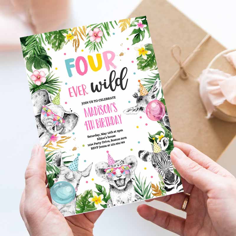 Four Ever Wild Kids Birthday Invitation, Safari Animals FourEver Wild Kids Birthday Party, Gold Monochrome Jungle Party