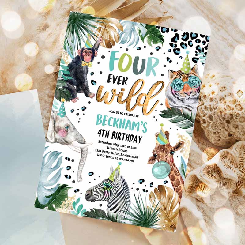 Four Ever Wild Safari Animals Kids Birthday, Animal Print Jungle Party, Animal Kids Birthday