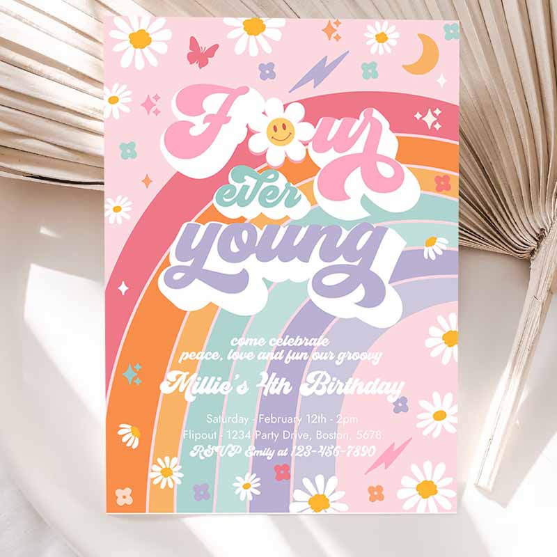 Four Ever Young Groovy Kids Birthday, Peace Love Groovy Rainbow Party, Hippie Kids Birthday Party