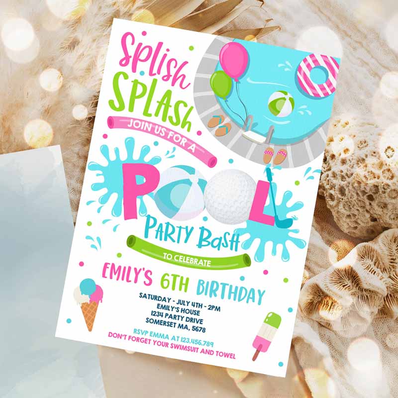 Girl Golf Pool Party Invitation, Sports Summer Pink Girl Pool Party, Pool BBQ Kids Birthday Party, Pool Kids Birthday Invitation