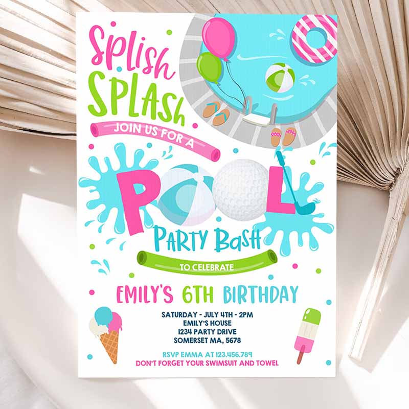 Girl Golf Pool Party Invitation, Sports Summer Pink Girl Pool Party, Pool BBQ Kids Birthday Party, Pool Kids Birthday