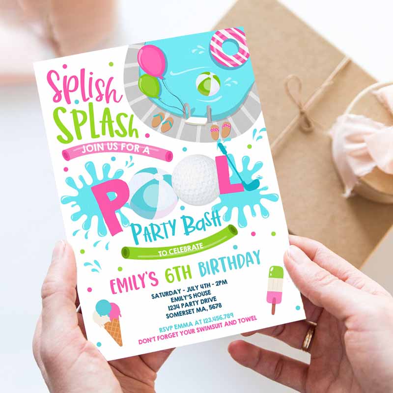 Girl Golf Pool Party Invitation, Sports Summer Pink Girl Pool Party, Pool BBQ Kids Birthday Party, Pool Kids Birthday