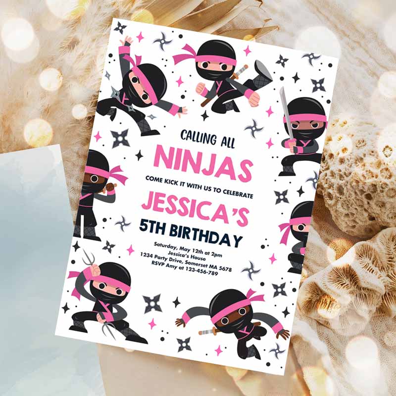 Girl Ninja Kids Birthday, Pink Karate Kids Birthday, Warrior Kids Birthday Party, Martial Arts Ninja Party Invitation