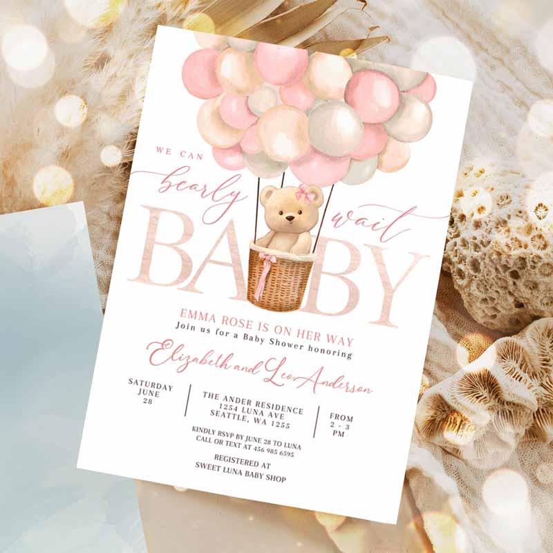 Girl Teddy Bear Hot Air Balloon Beareme Baby Shower Invitation, We Can Bearly Wait