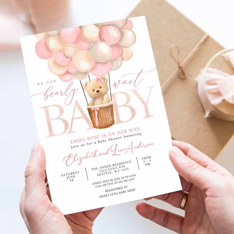 Girl Teddy Bear Hot Air Balloon Beareme Baby Shower Invitation, We Can Bearly Wait