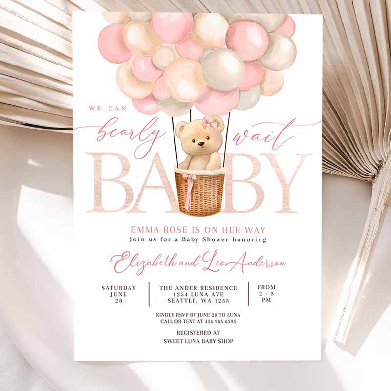 Girl Teddy Bear Hot Air Balloon Beareme Baby Shower Invitation, We Can Bearly Wait