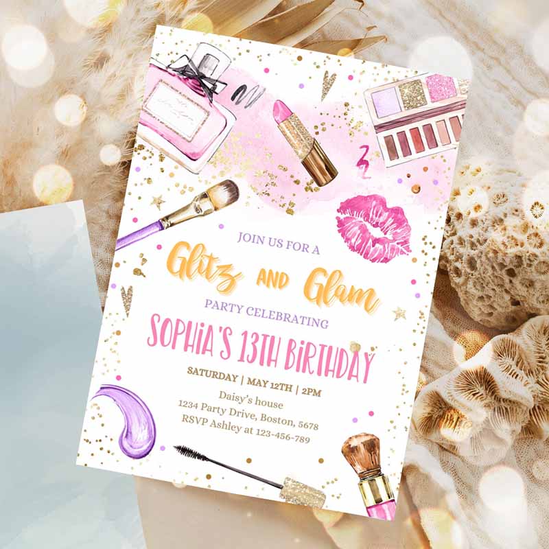 Glitz And Glam Kids Birthday, Spa Makeup Kids Birthday Invitation, Blush Pink Gold Spa Tween Party Invitation