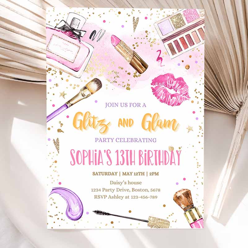 Glitz And Glam Kids Birthday, Spa Makeup Kids Birthday Invitation, Blush Pink Gold Spa Tween Party