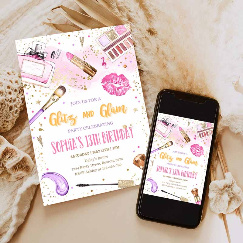 Glitz And Glam Kids Birthday, Spa Makeup Kids Birthday Invitation, Blush Pink Gold Spa Tween Party