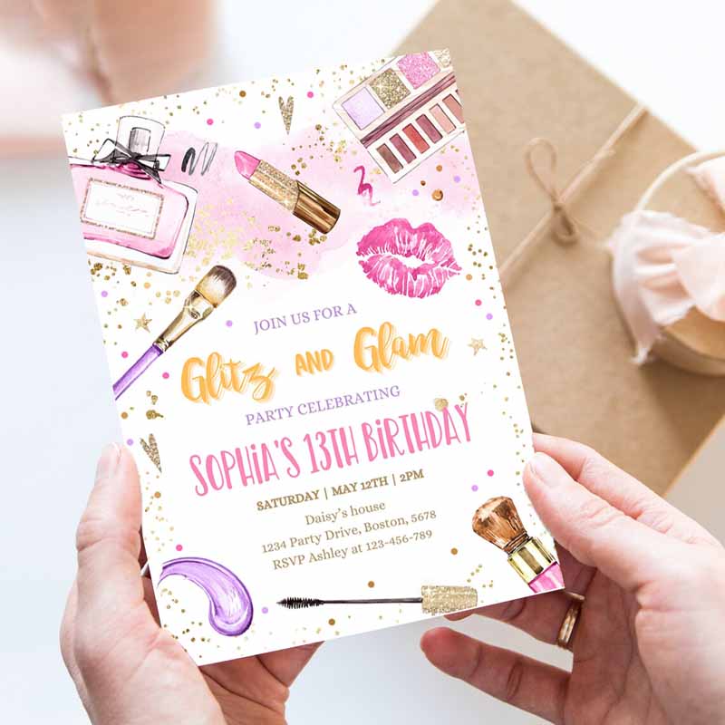 Glitz And Glam Kids Birthday, Spa Makeup Kids Birthday Invitation, Blush Pink Gold Spa Tween Party