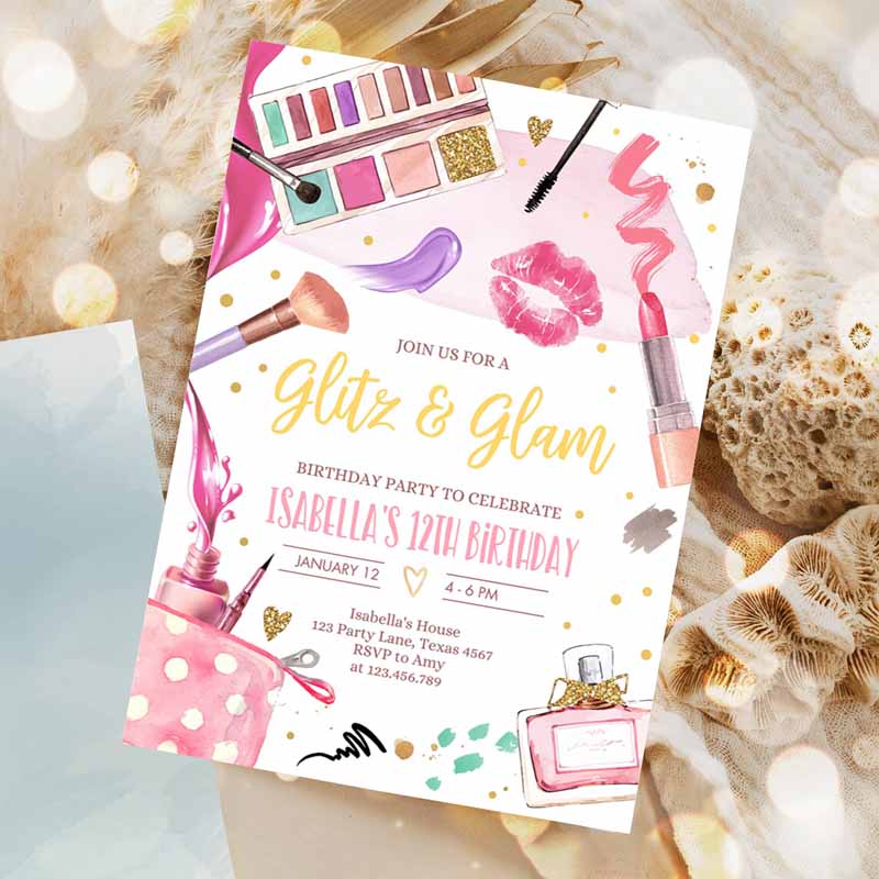 Glitz and Glam Kids Birthday, Spa Party, Makeup Kids Birthday Invitation, Pink Gold Girl Download Invitation