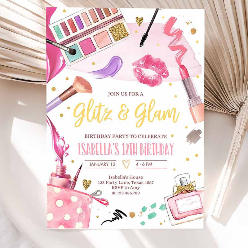 Glitz and Glam Kids Birthday, Spa Party, Makeup Kids Birthday Invitation, Pink Gold Girl Download