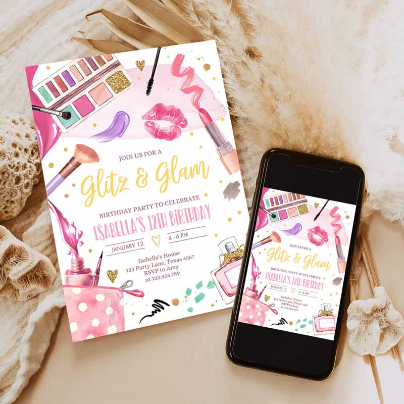 Glitz and Glam Kids Birthday, Spa Party, Makeup Kids Birthday Invitation, Pink Gold Girl Download