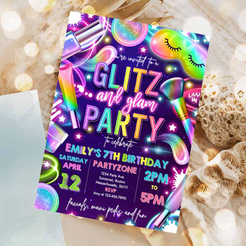 Glitz And Glam Spa Makeup Kids Birthday Invitation, Neon Glow Spa Party Invitation, Glam Makeup Glow Kids Birthday Party