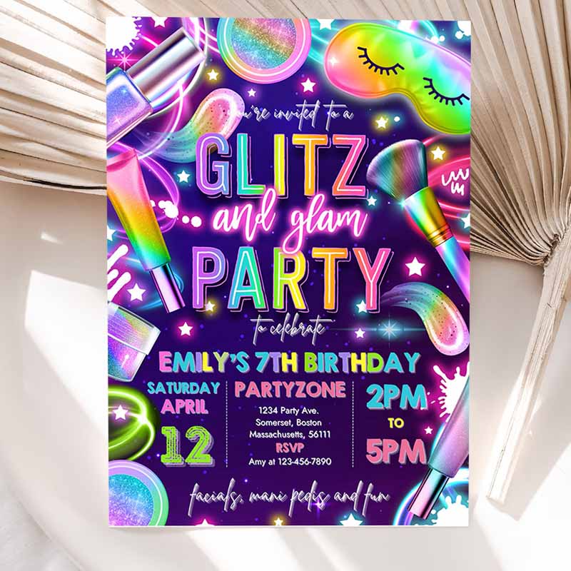 Glitz And Glam Spa Makeup Kids Birthday Invitation, Neon Glow Spa Party Invitation, Glam Makeup Glow Kids Birthday Party