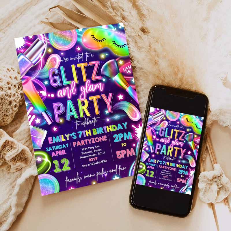 Glitz And Glam Spa Makeup Kids Birthday Invitation, Neon Glow Spa Party Invitation, Glam Makeup Glow Kids Birthday Party