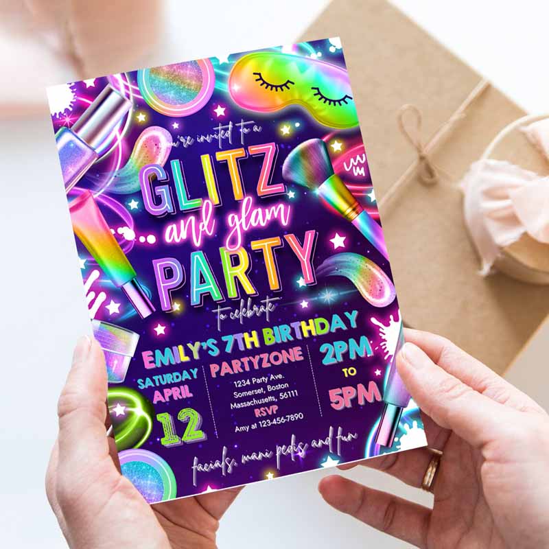 Glitz And Glam Spa Makeup Kids Birthday Invitation, Neon Glow Spa Party Invitation, Glam Makeup Glow Kids Birthday Party