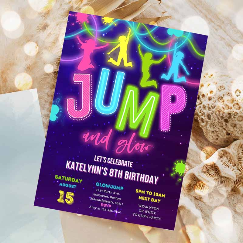 Glow Jump Invitation, Neon Jump Kids Birthday, Invite Jump And Glow Party, Bounce House Glow Ine Dark Jump Party