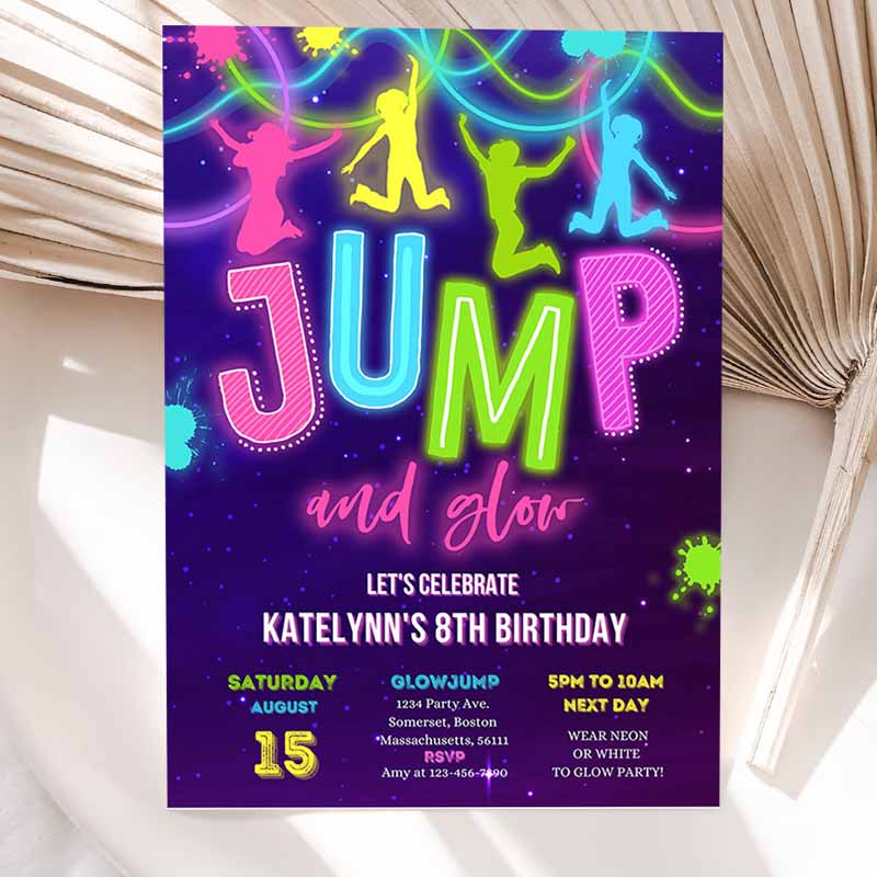 Glow Jump Invitation, Neon Jump Kids Birthday, Invite Jump And Glow Party, Bounce House Glow Ine Dark Jump Party