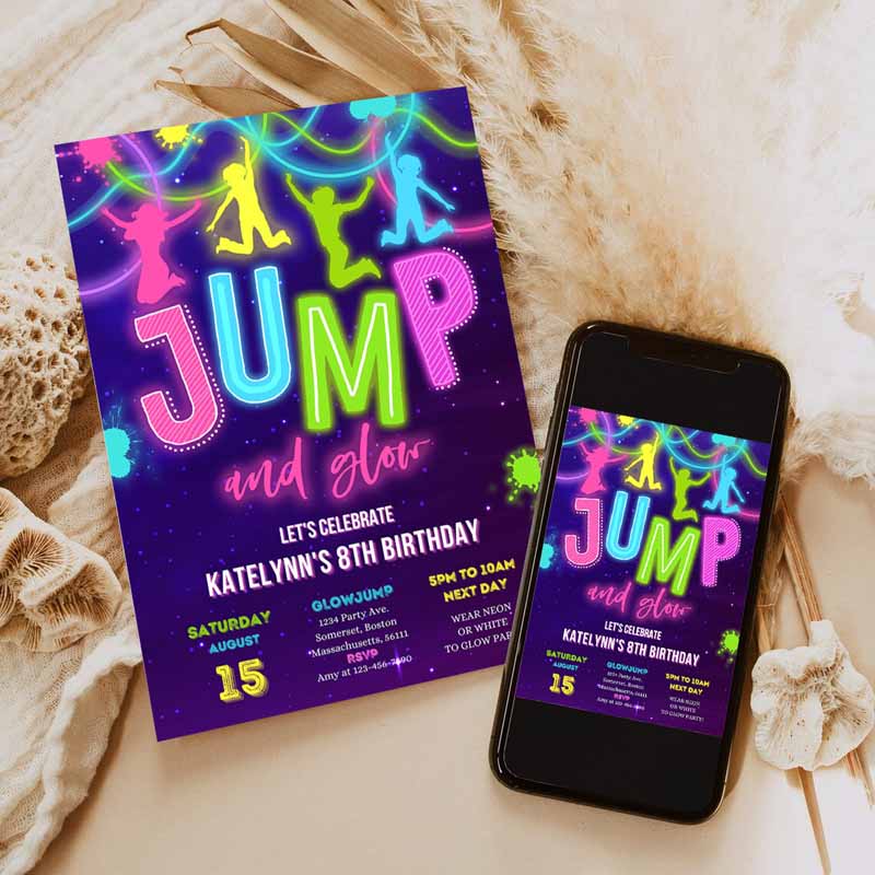 Glow Jump Invitation, Neon Jump Kids Birthday, Invite Jump And Glow Party, Bounce House Glow Ine Dark Jump Party