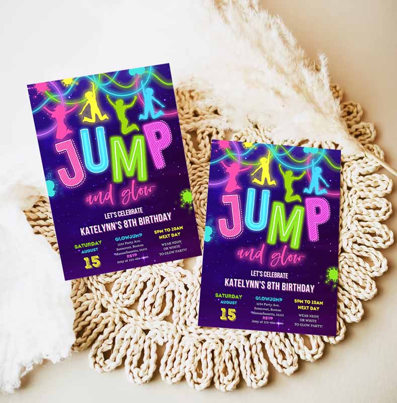 Glow Jump Invitation, Neon Jump Kids Birthday, Invite Jump And Glow Party, Bounce House Glow Ine Dark Jump Party