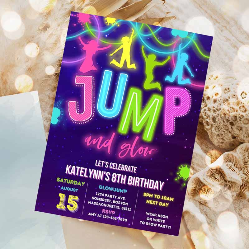 Glow Jump Invitation, Neon Jump Kids Birthday, Invite Jump And Glow Party, Bounce House Glow Ine Dark Jump Party Invitation