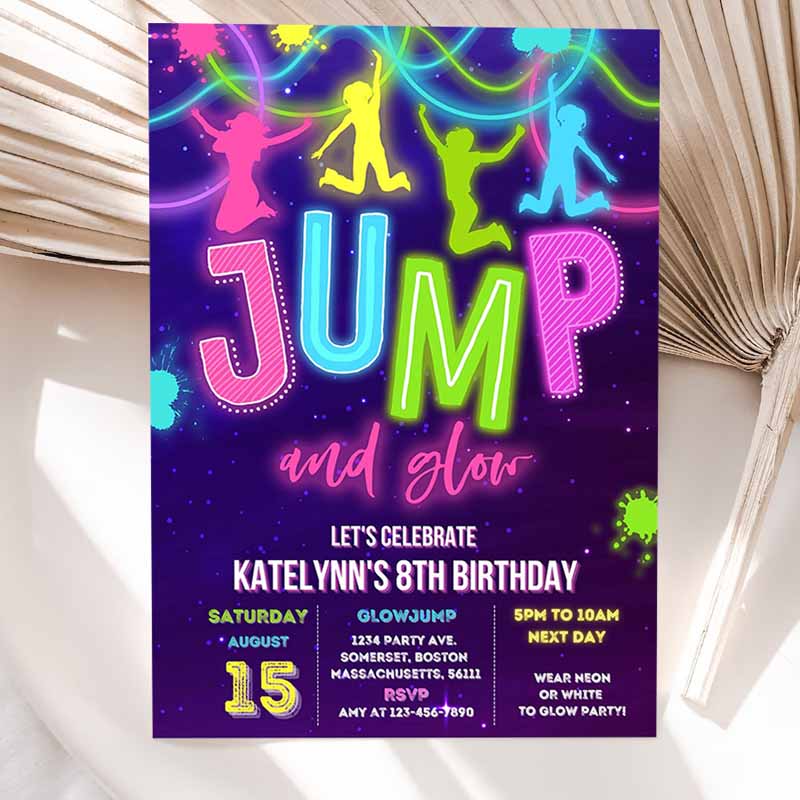 Glow Jump Invitation, Neon Jump Kids Birthday, Invite Jump And Glow Party, Bounce House Glow Ine Dark Jump Party Invitation