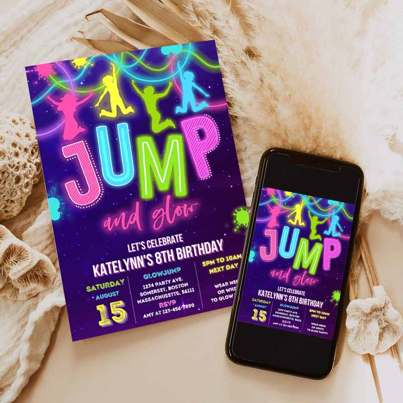 Glow Jump Invitation, Neon Jump Kids Birthday, Invite Jump And Glow Party, Bounce House Glow Ine Dark Jump Party Invitation