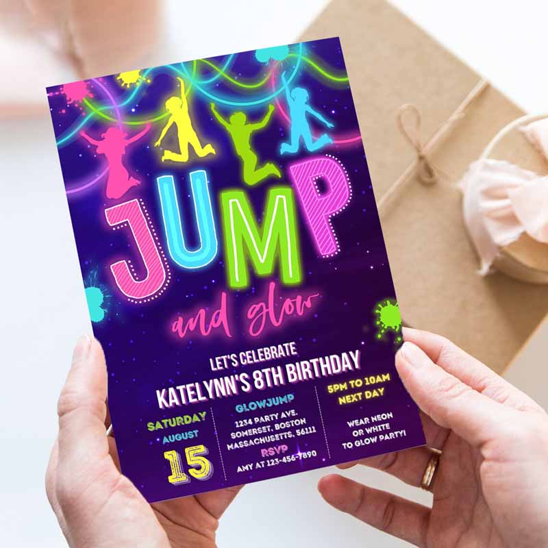 Glow Jump Invitation, Neon Jump Kids Birthday, Invite Jump And Glow Party, Bounce House Glow Ine Dark Jump Party Invitation