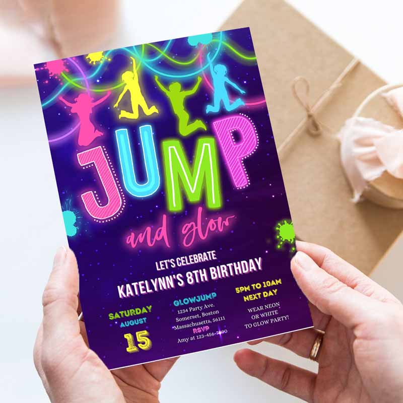 Glow Jump Invitation, Neon Jump Kids Birthday, Invite Jump And Glow Party, Bounce House Glow Ine Dark Jump Party